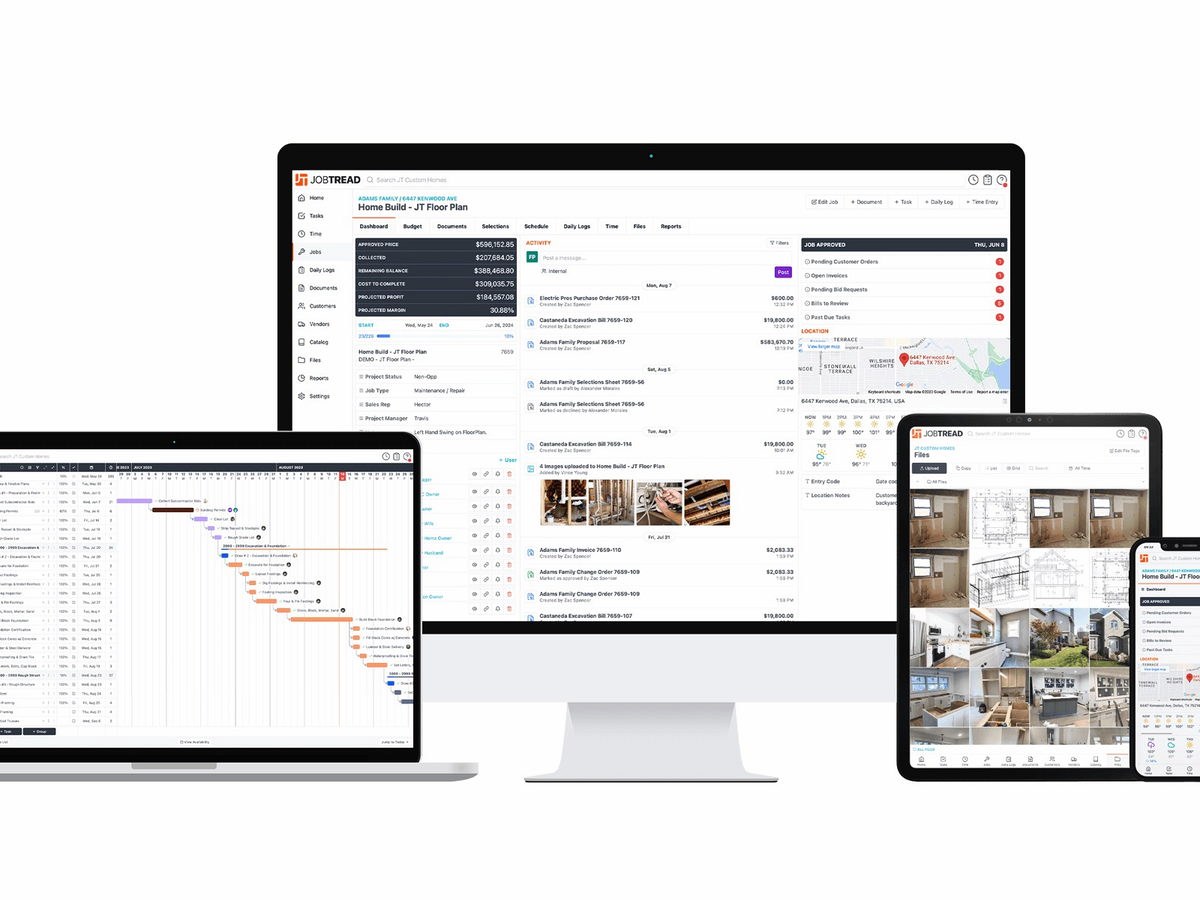 The customer portal showing schedule, selections, and daily photo logs on desktop, tablet, and phone